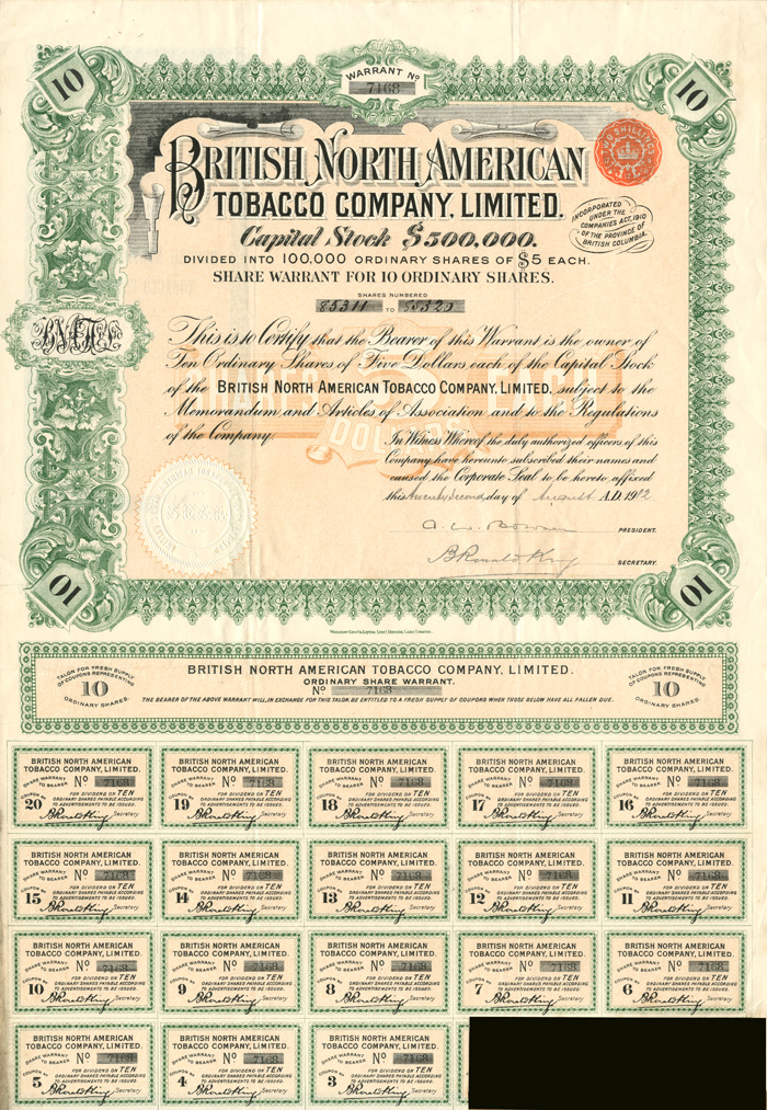 British North American Tobacco Co., Limited - Stock Certificate with Dividend Coupons